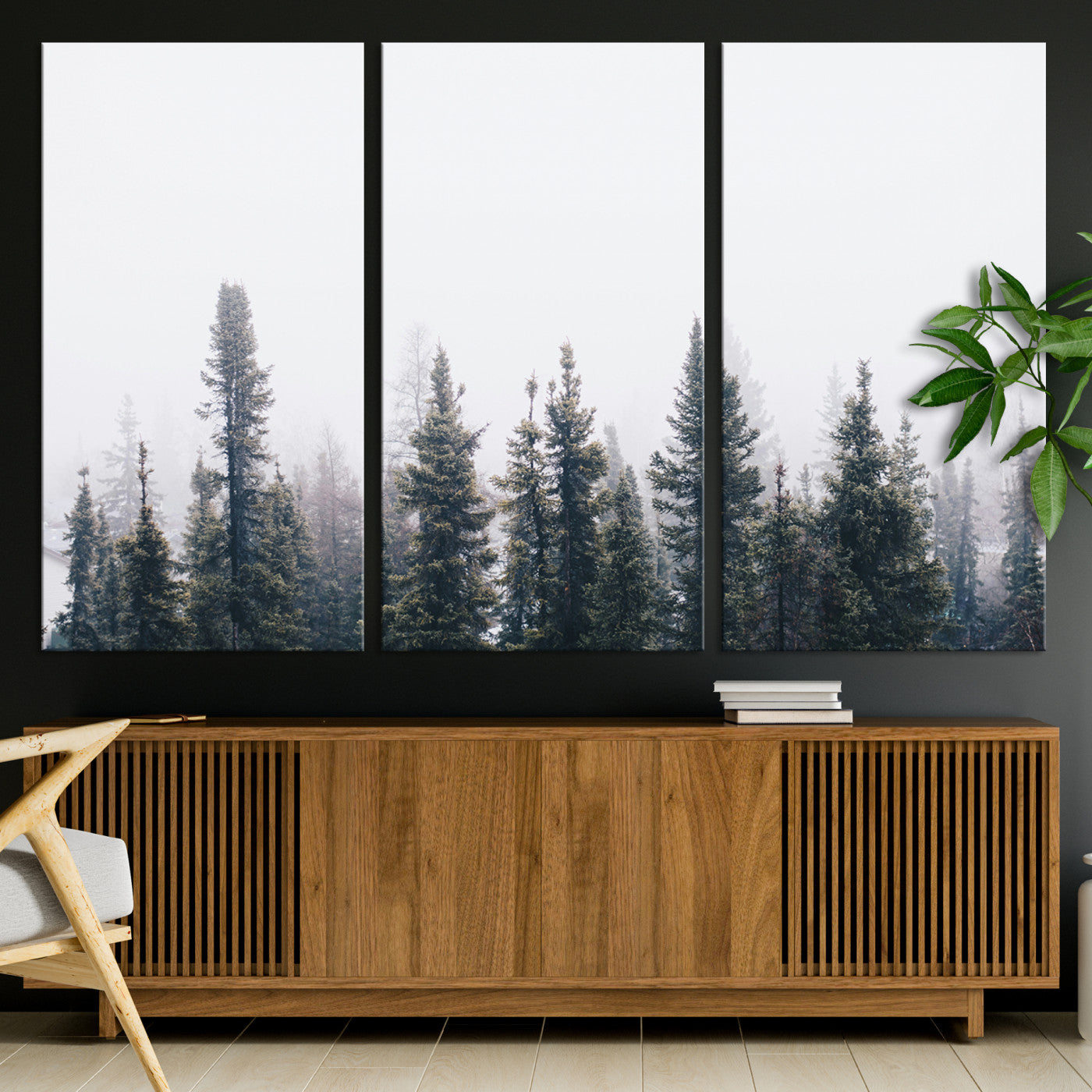 42364796-MGV-CV-36X24-Foggy Forest Wall Art Canvas Print, Framed Misty Pines Art Picture Print, Moody Woodland Perfect Scandinavian Minimalist Decor Artwork