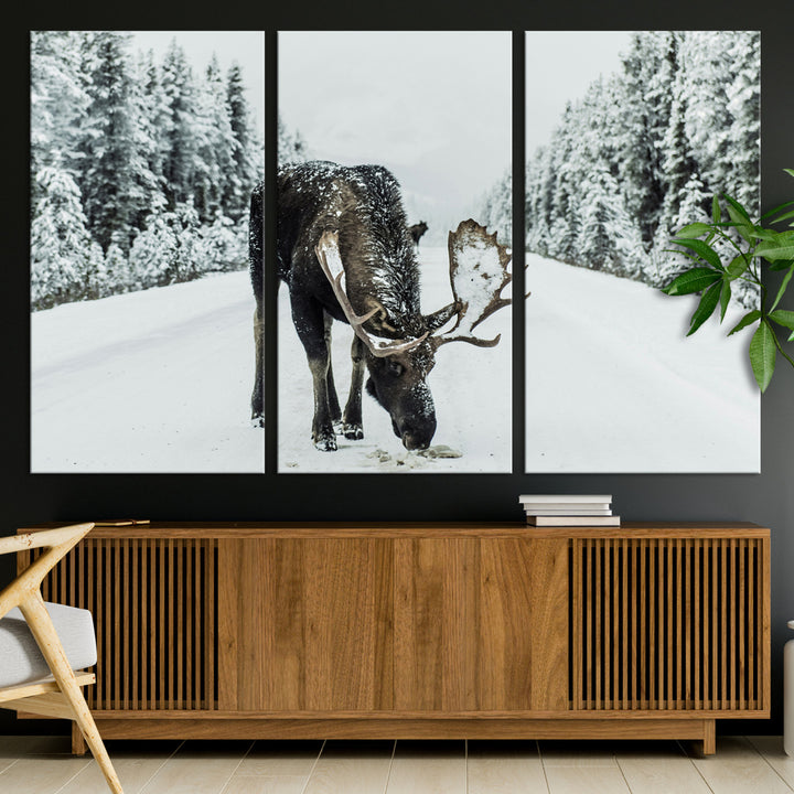 Moose in Snow Wall Art Canvas Print, Framed Winter Wildlife Art Picture Print, Snowy Forest Scene Perfect Rustic Lodge Decor Artwork