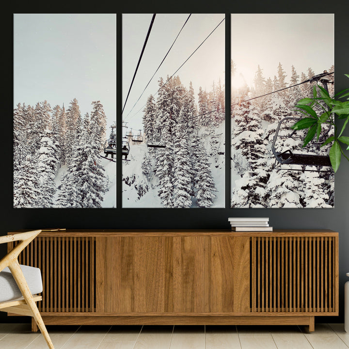 91534512-MGV-CV-36X24-Frosty Pines Wall Art Canvas Print, Framed Cozy Cabin View Art Picture Print, Ski Lift Ride Perfect Rustic Lodge Decor Artwork