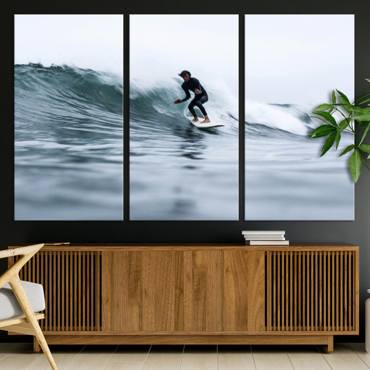 Surfer on Wave Wall Art Canvas Print, Ocean Adventure Print, Framed Motion Blur Water Art Print, Large Deep Blue Surf Printing