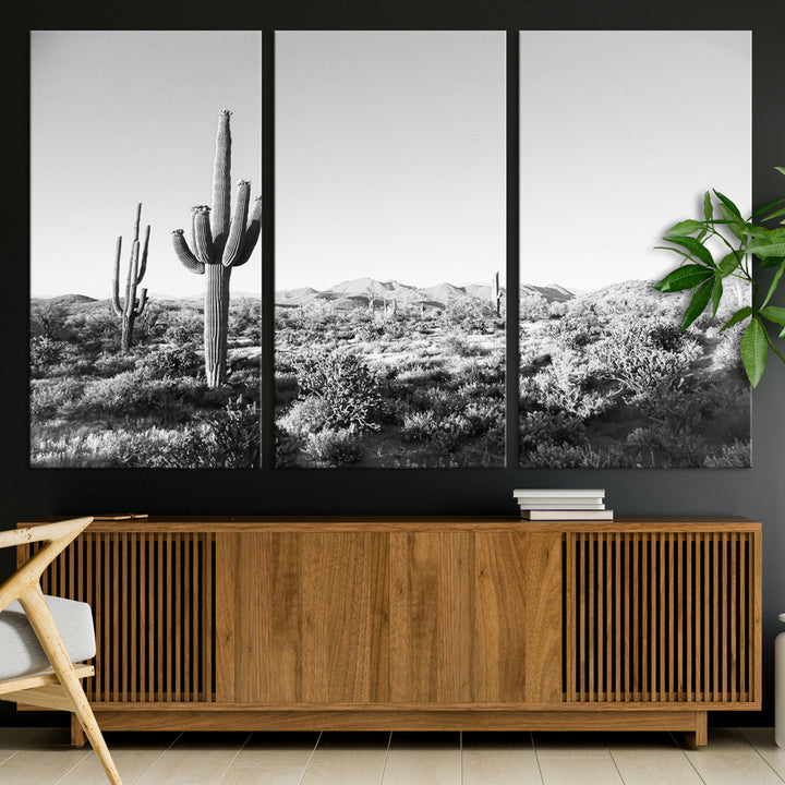 Saguaro Cactus Wall Art Canvas Print, Monochrome Landscape Print, Framed Scenic Arizona Art Print, Large Timeless Western Aesthetic Printing