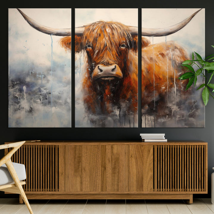 Scottish Highland Wall Art Canvas Print, Framed Longhorn Art Picture Print, Western Cow Perfect Farmhouse Decor Artwork