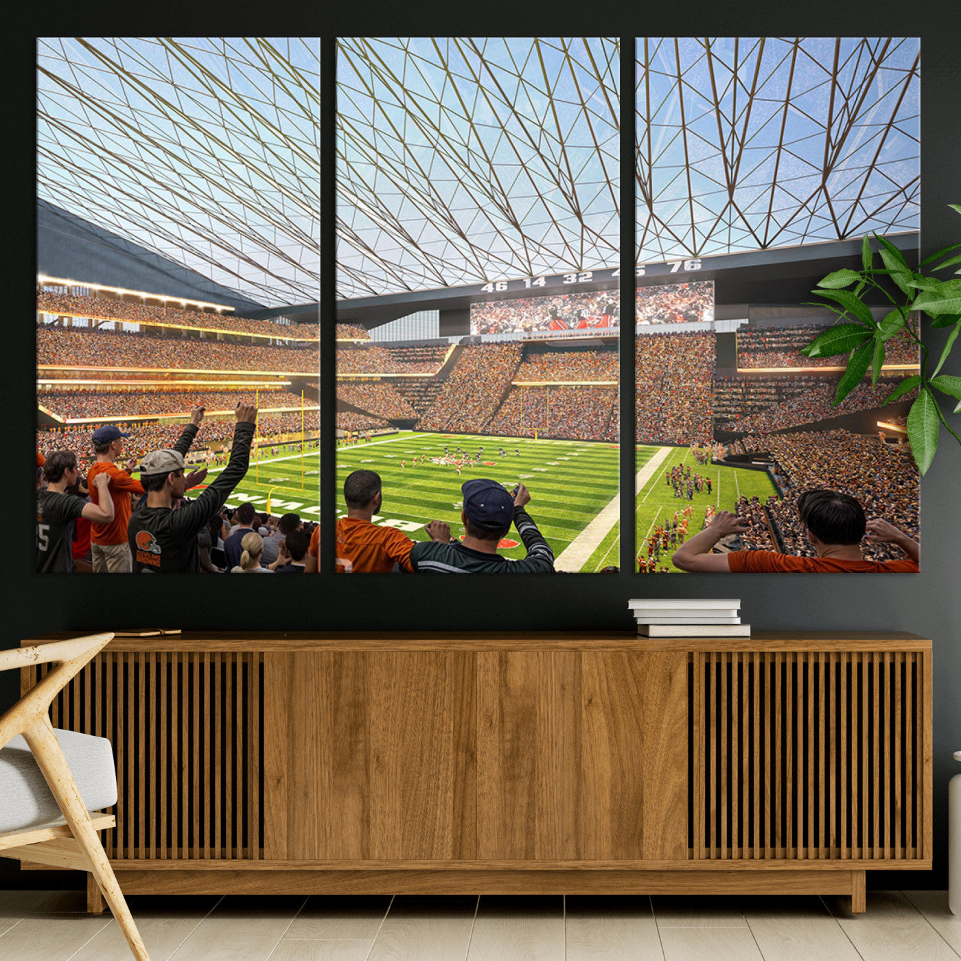 81960112-MGV-CV-36X24-Cleveland Browns Stadium Wall Art Canvas Print – Framed Football Artwork Featuring Cleveland Skyline and Browns Stadium, Perfect for Man Cave or Game Room Decor