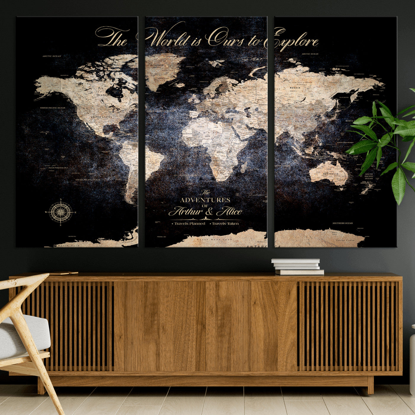 21010471-MGV-CV-36X24-Customize Push Pin World Map Wall Canvas Print, Personalized Travel Tracker with Pins, Framed Large Canvas for Home Office Decor - H37