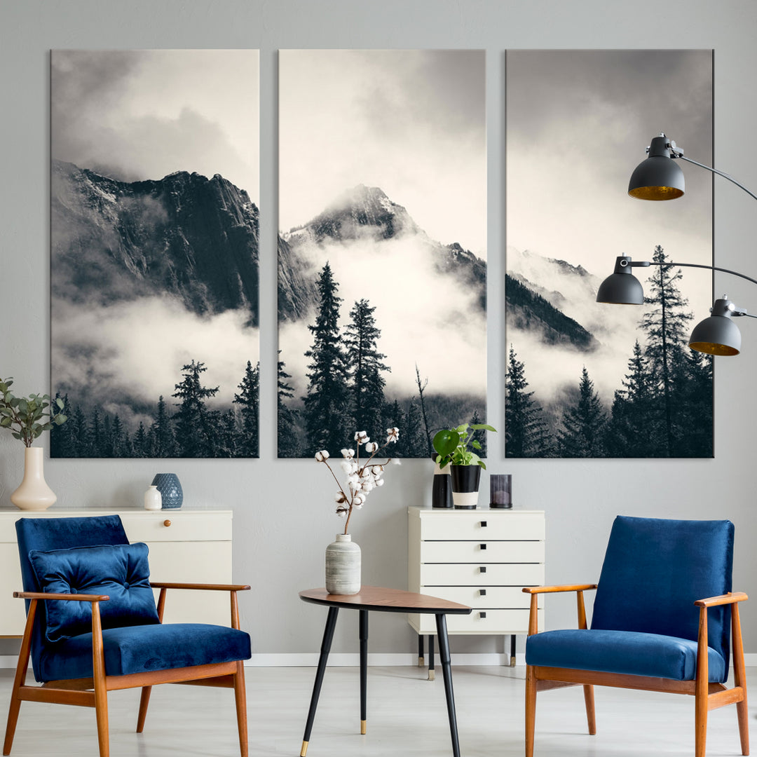 Triptych canvas art of mist-covered mountains and pine trees in monochrome, creating a serene and majestic atmosphere. Perfect for modern décor, ready to hang