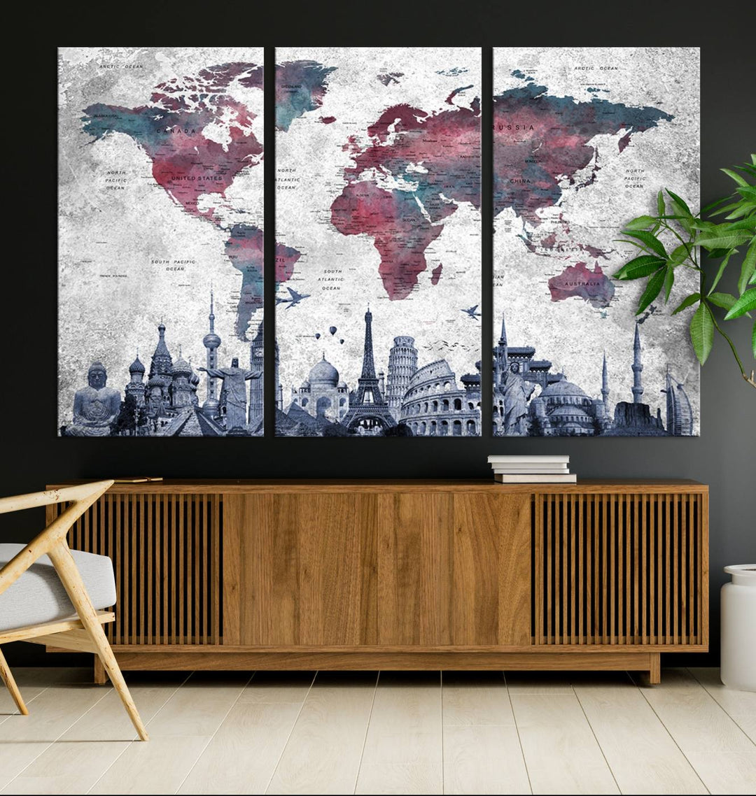 The dining room features a Blue Multipanel World Map Wall Art Canvas Print that adorns the wall, highlighting its neutral decor.