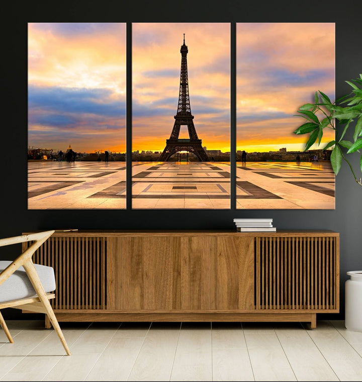 The "Paris Eiffel Tower Wall Art Canvas Prints" graces a wooden wall reminiscent of abstract expressionism.