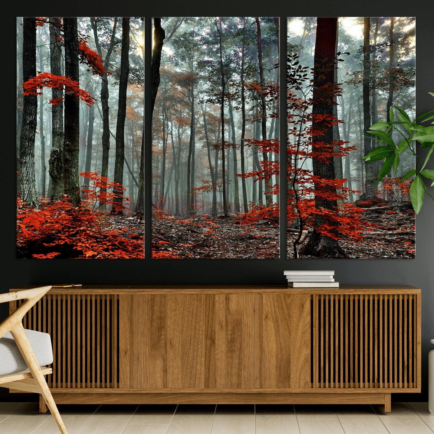 59209-MGV-CV-36X24-Autumn Forest Canvas Wall Art – Enchanting Red Leaves Triptych Print – Nature-Inspired Decor for Living Room or Office – Ready to Hang