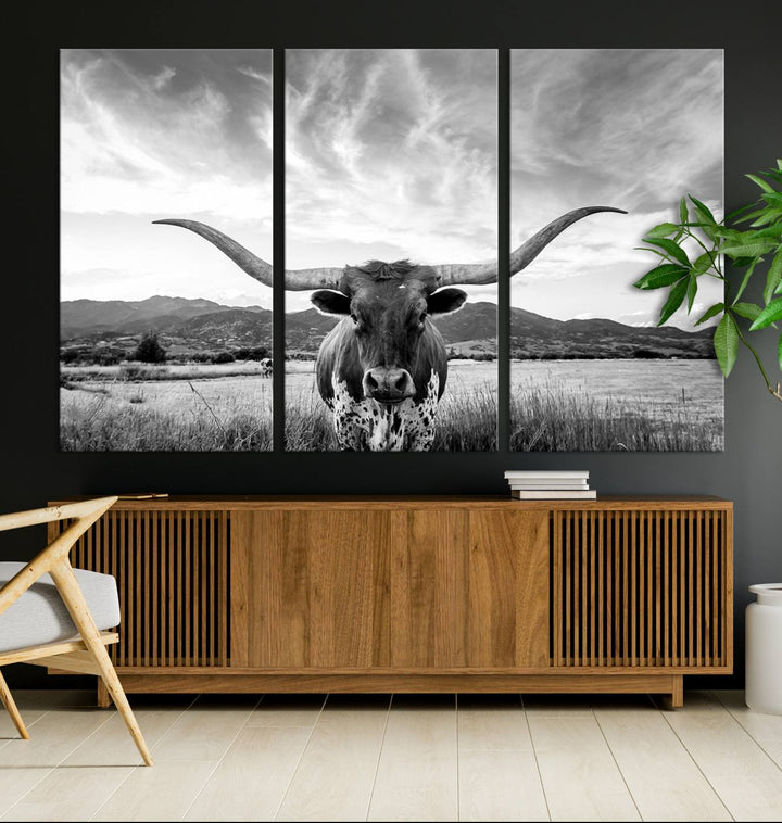 Longhorn Cow Wall Art Canvas Print Farmhouse Wall Art - Texas Longhorn Wall Art Print