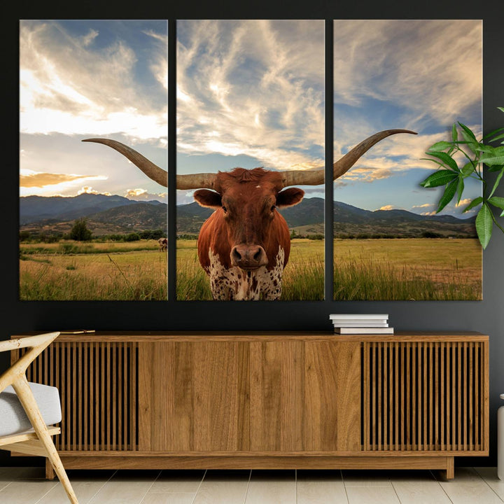 Texas Longhorn Canvas Wall Art – Majestic Triptych Animal Print – Rustic Western Decor for Living Room or Office – Ready to Hang