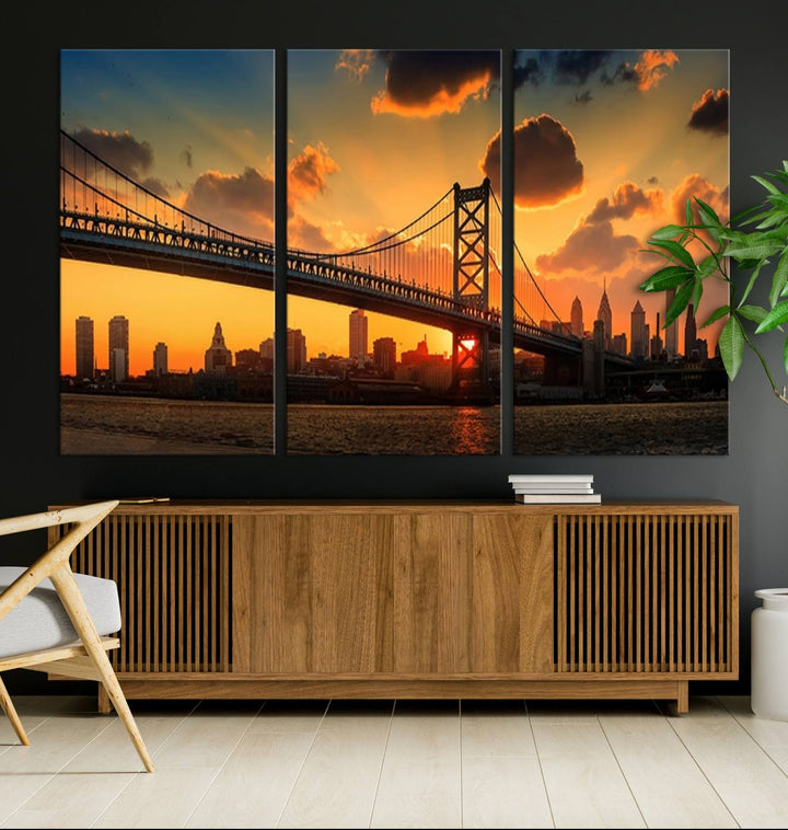 The Philadelphia Ben Franklin Bridge Wall Art Canvas Print radiates charm, embodying the beauty of premium canvas. This handmade-in-the-USA artwork captures attention with its distinct presence.