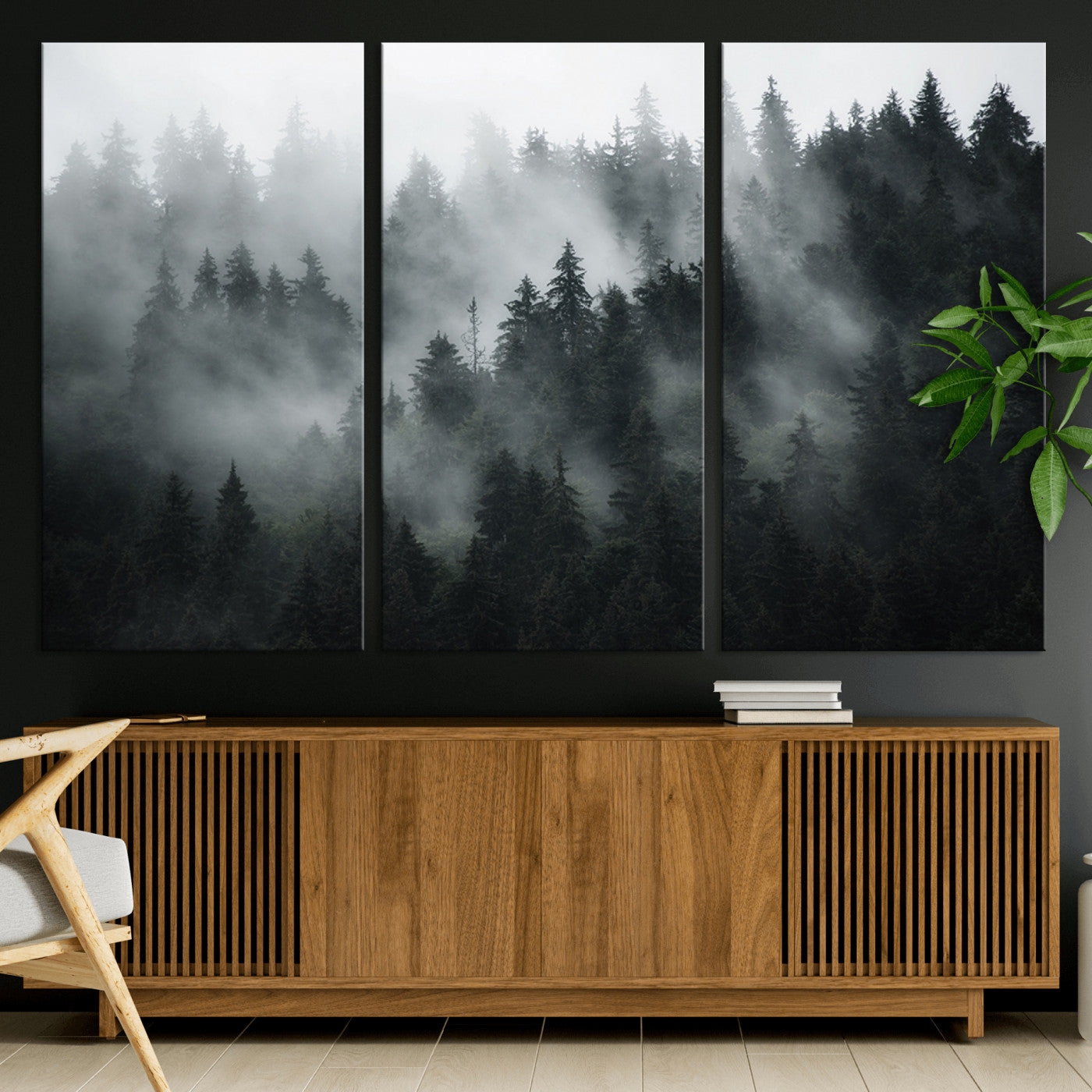 52359-MGV-CV-36X24-Foggy Forest Wall Art Canvas Print | 3 Panel Large Misty Landscape for Dining Room, Office, or Living Room | Ready to Hang Nature Deco