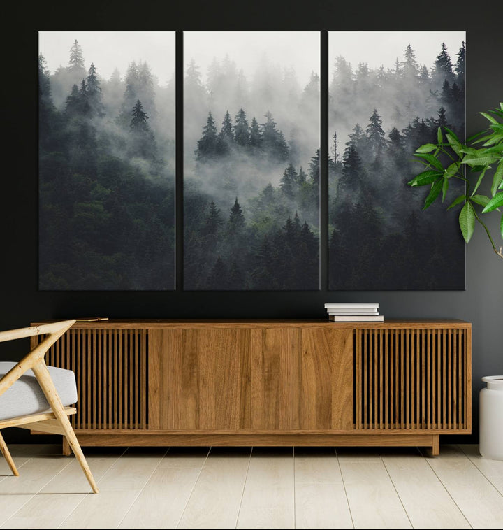 The Serene Triptych Print features tall evergreens, creating a mysterious and calming atmosphere.