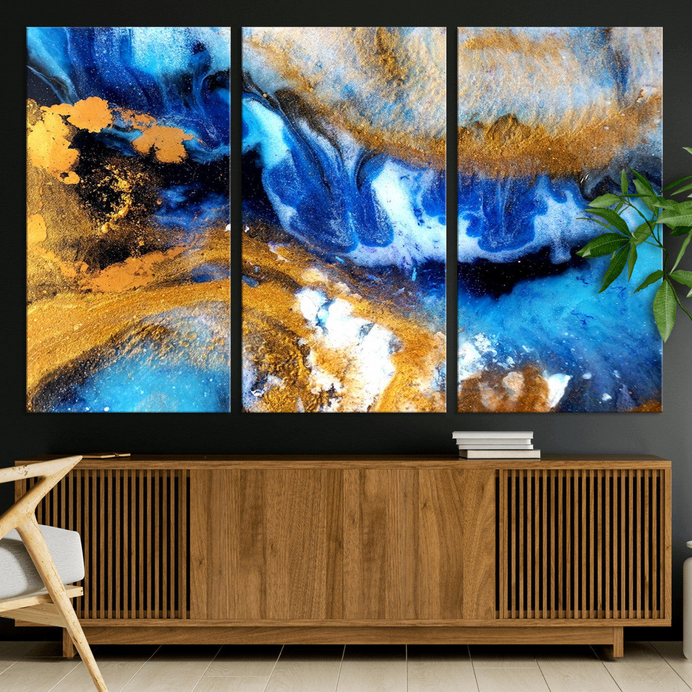 42100-MGV-CV-36X24-Blue Orange Marble Fluid Effect Canvas Wall Art Print