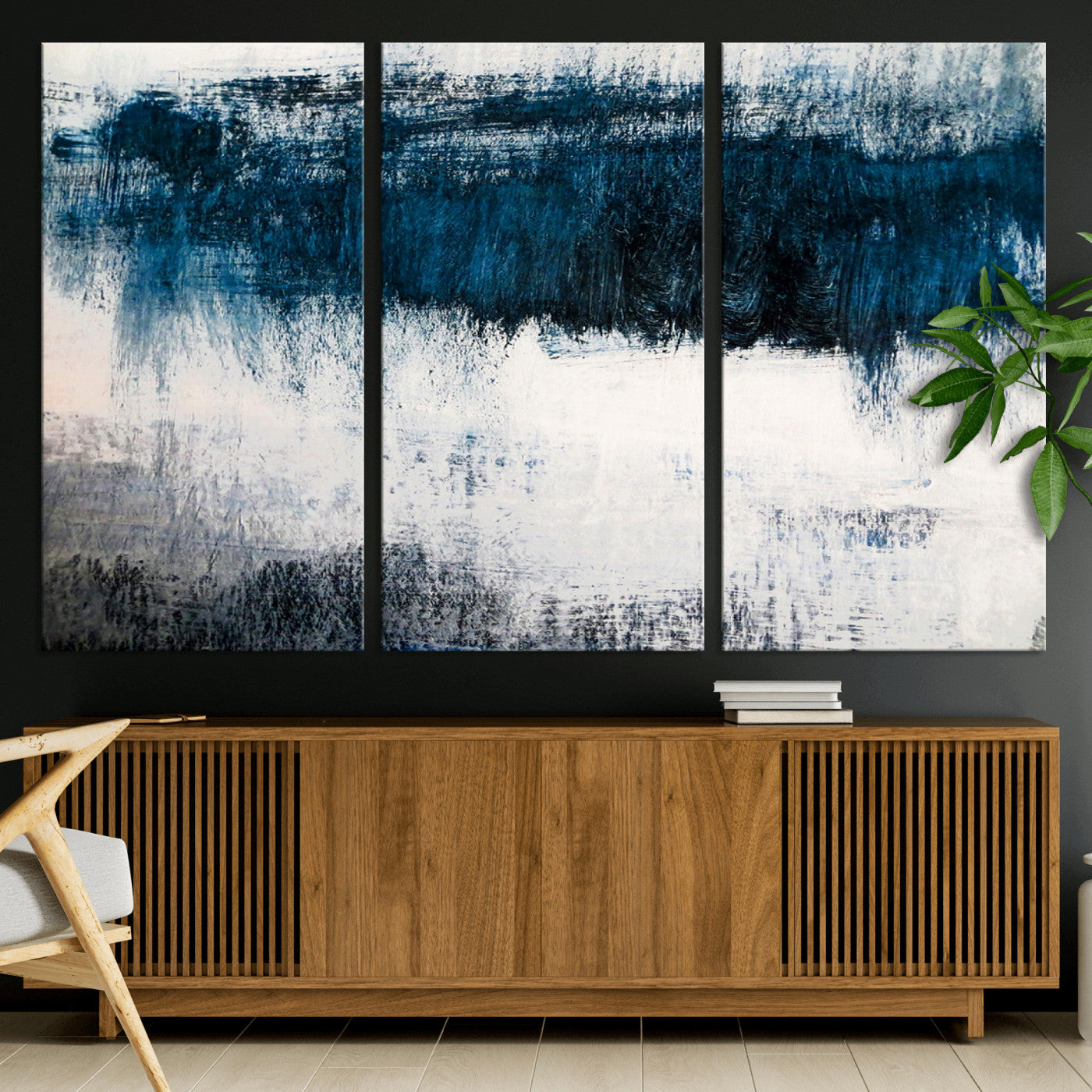 38954-MGV-CV-36X24-Abstract Blue and White Canvas Art | Large Wall Art for Modern Living Room Decor | Minimalist Brushstroke Painting on Canvas