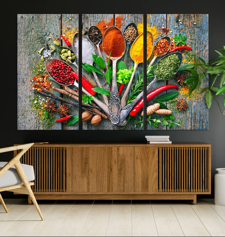 Vibrant Spoonful of Spices kitchen wall art canvas, a culinary triptych ideal for any dining room decor.