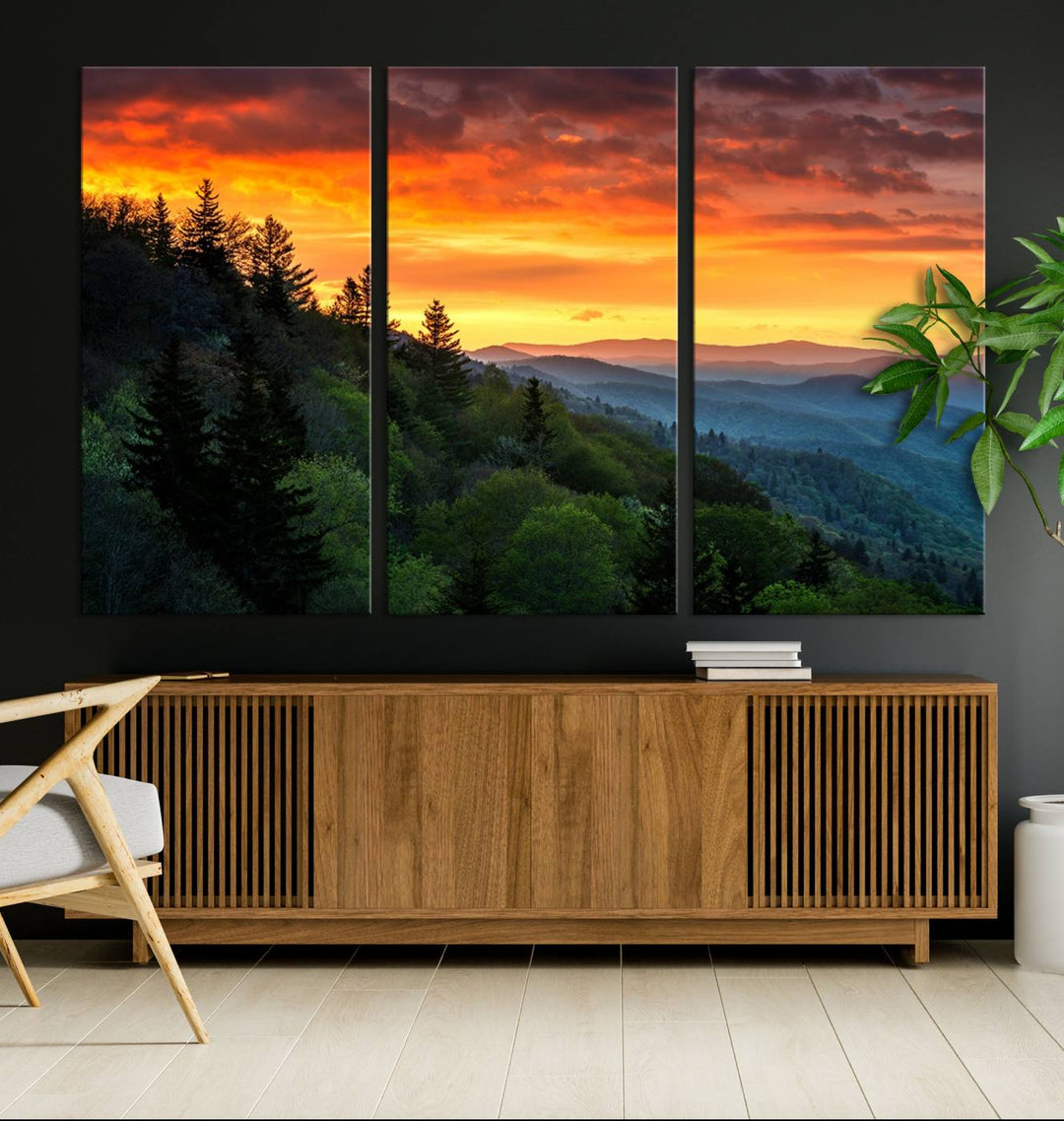 The Great Smoky Mountains Sunset Wall Art, a 3-panel print, beautifully captures natures beauty and is perfect for living room or office decor.