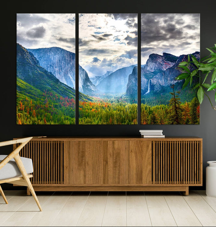 The Yosemite Park Half Dome 3 Panel Canvas Print beautifully captures the enchanting beauty of national parks with its vibrant mountain and forest scene. This large giclée landscape wall art is perfect for living rooms, offices, or bedrooms and comes ready to hang.