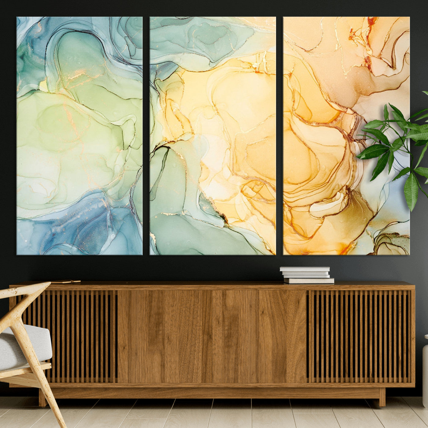 42195-MGV-CV-36X24-Green and Yellow Marble Fluid Effect Wall Art, Green and Yellow Marble Canvas Wall Art Print