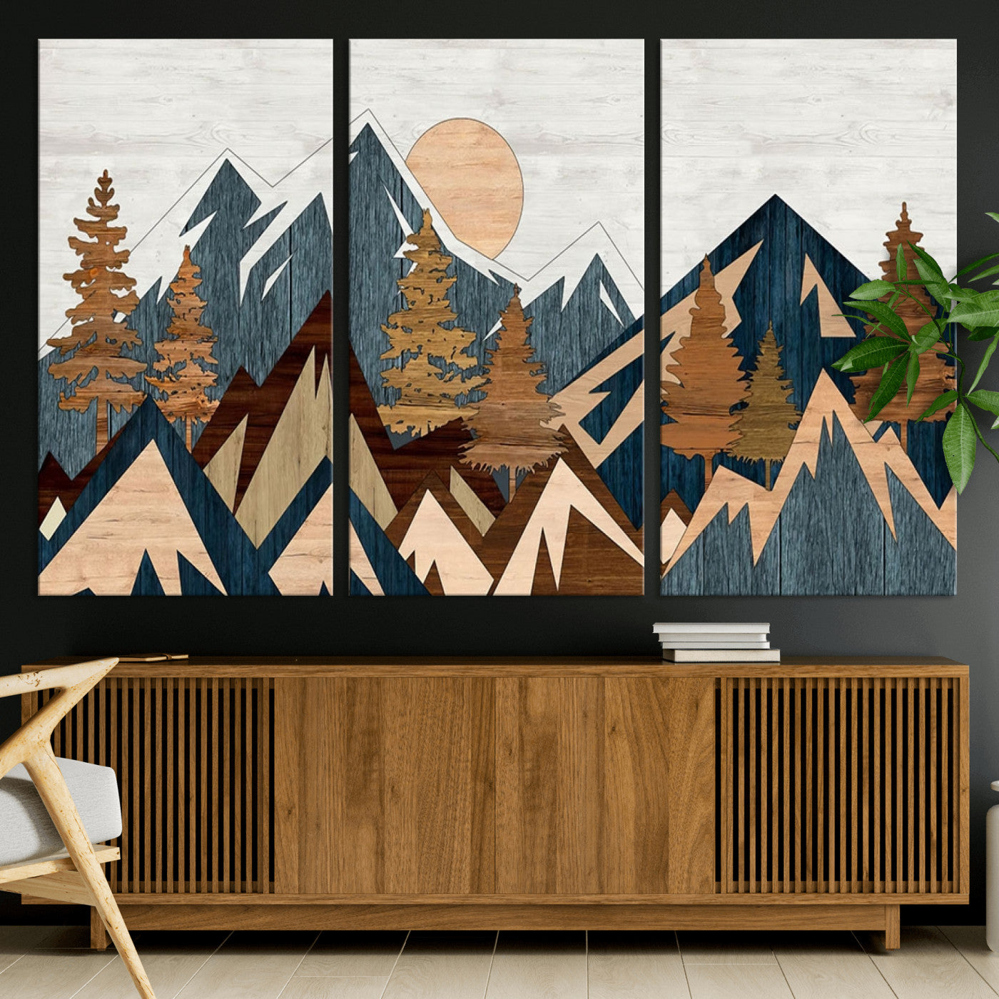 91467-MGV-CV-36X24-Abstract Wood Panel Effect Mountain Range Top Wall Art Canvas Print