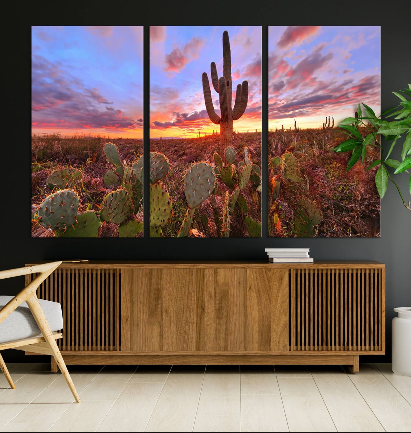 The Arizona Desert Sunset Wall Art Canvas Print hangs prominently.