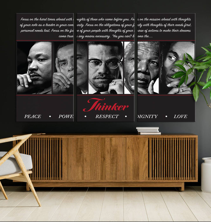 The wall art is a black and white piece featuring iconic figures accompanied by the words Thinker Peace Power Respect Dignity.