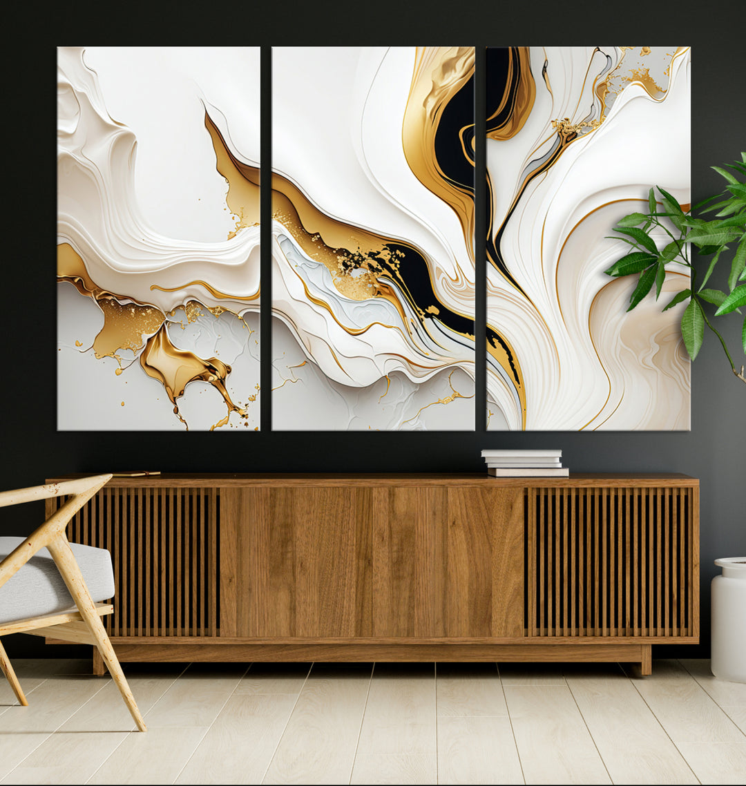 Modern interiors showcase Gold Waves on Pure White Canvas.