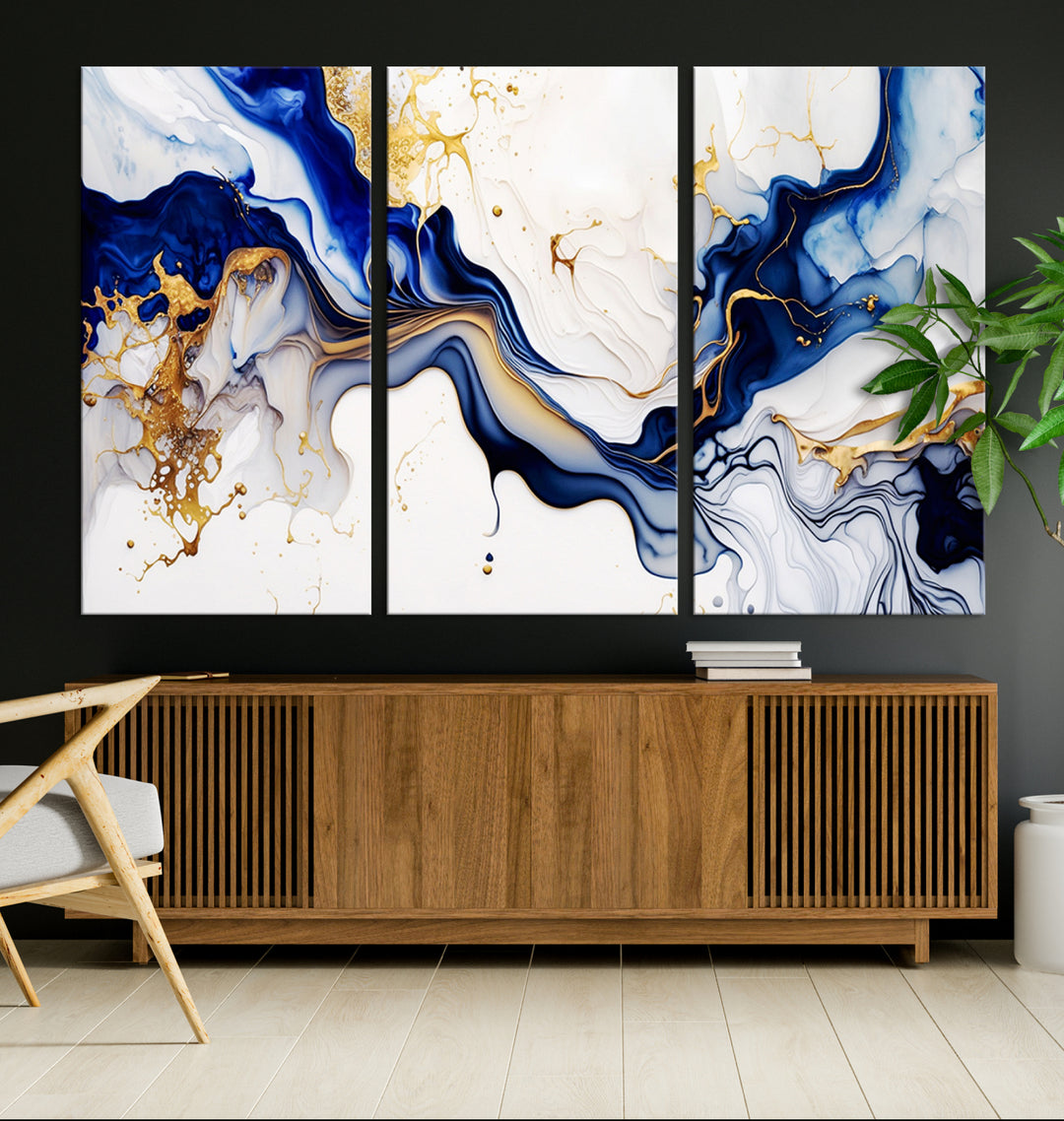 Golden Cascades on Midnight Blue – Abstract Flowing Elegance | Wall Art Canvas, Framed & Ready to Hang