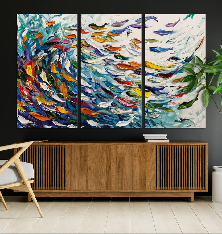 Modern Abstract Fish Shoal Wall Art Canvas Print.