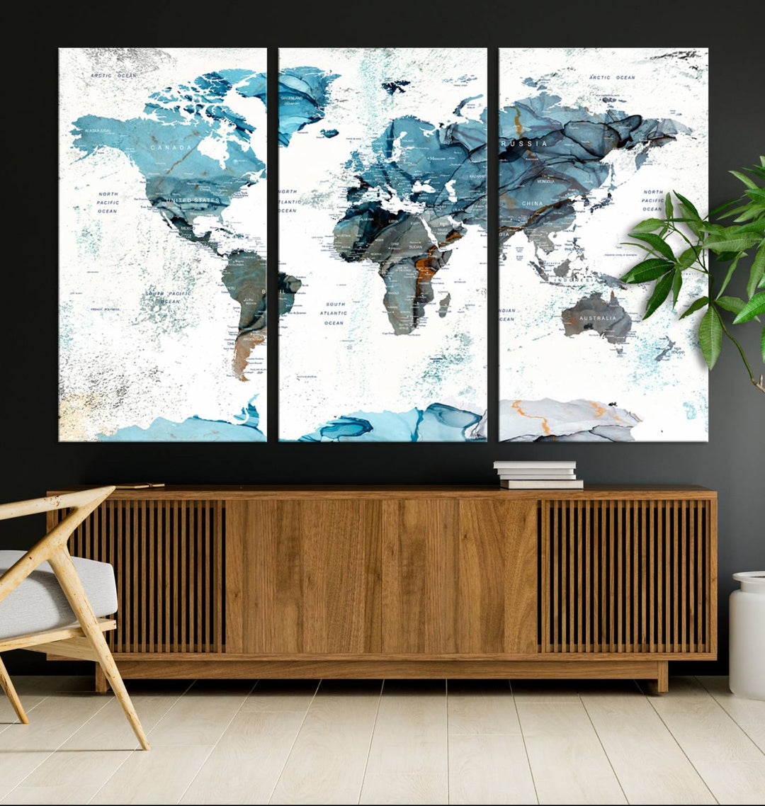 Push Pin World Map Wall Art Canvas Print adds a touch of elegance to the home decor.