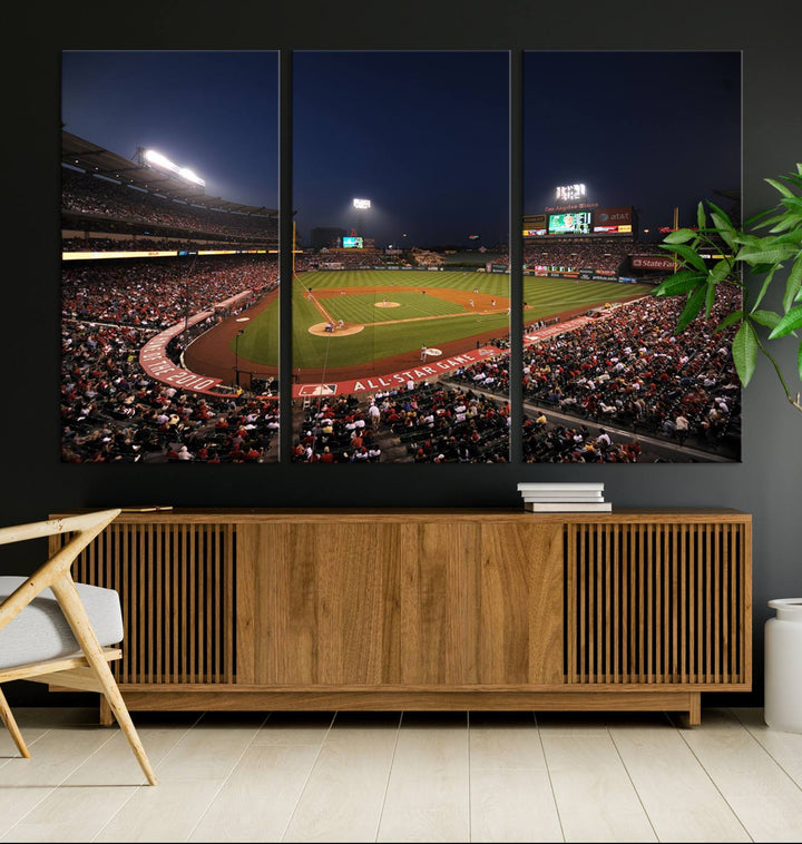 Aerial view of an LA Angels game at night, captured as stunning wall art on premium canvas, handmade in the USA.