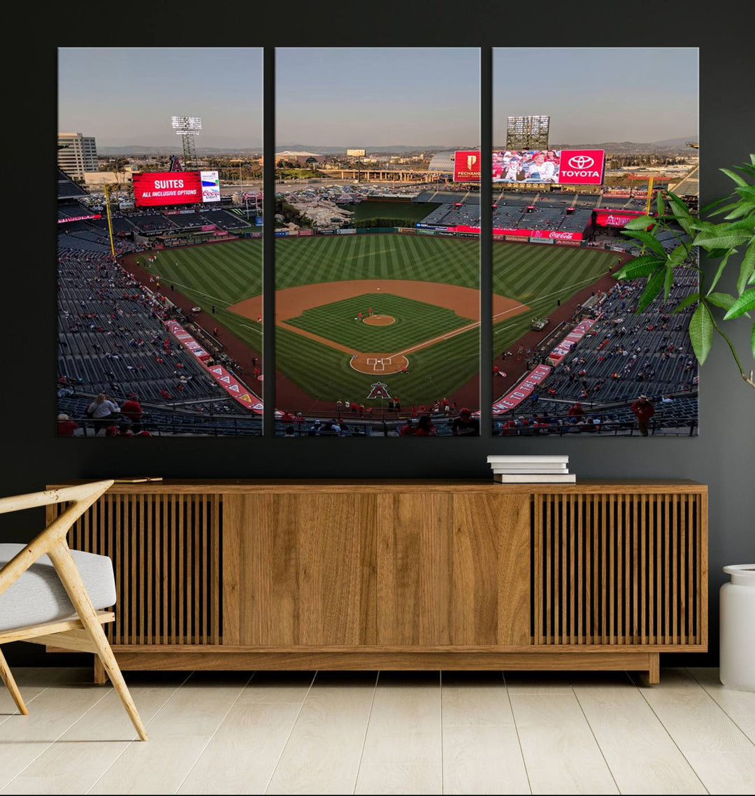 Aerial view of Angel Stadium, perfect as gallery-quality wall art - Los Angeles Angels Canvas Print.