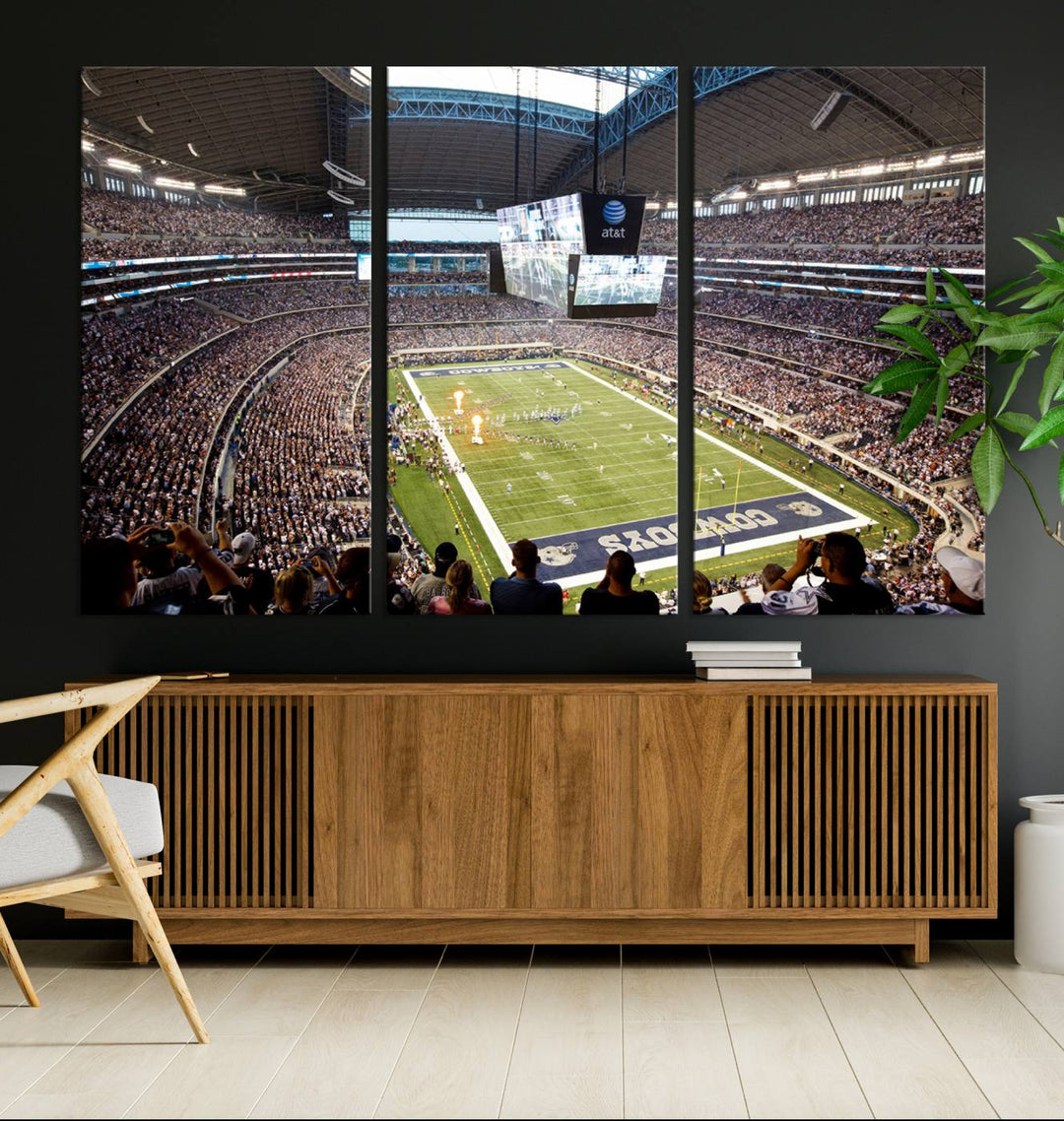 The wall art is a Dallas Cowboys AT&T Stadium Canvas Print, showcasing the iconic logo.