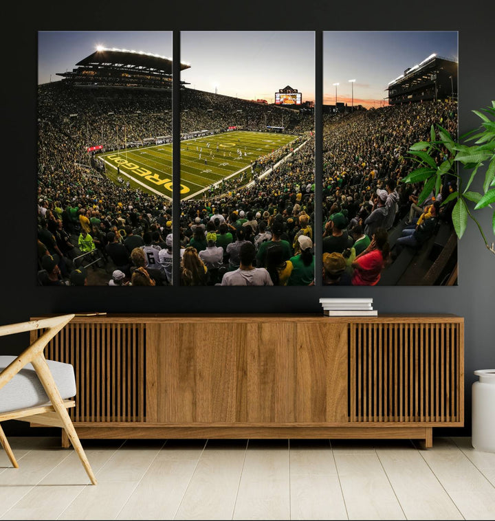 Autzen Stadium Evening Game Triple Canvas Wall Art - Oregon Ducks Football Match