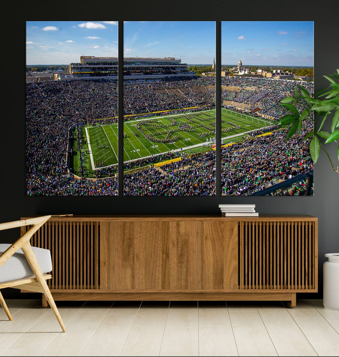 Aerial shot of packed stadium on green; Notre Dame Fighting Irish Stadium Wall Art Canvas Print.