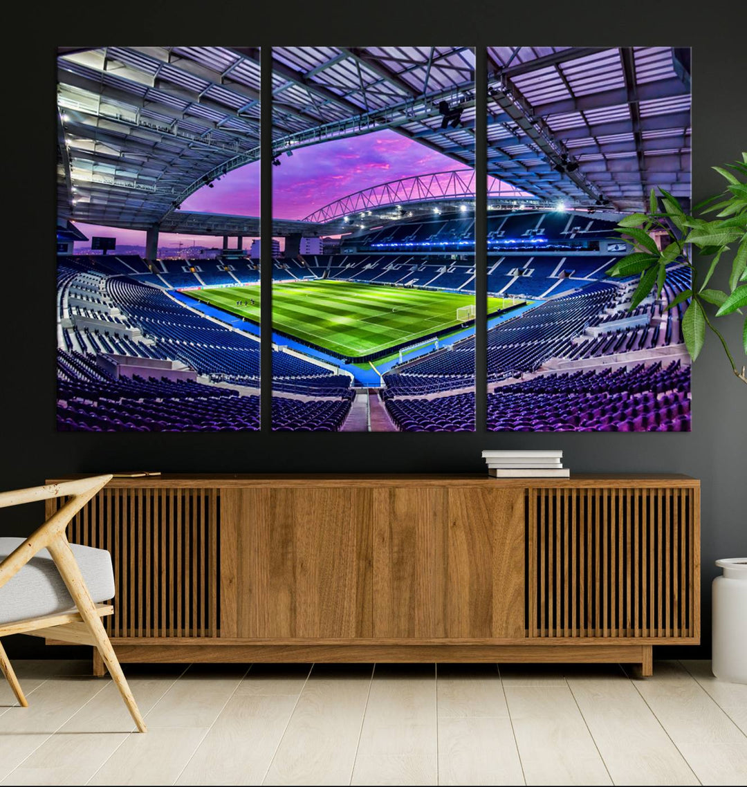 The FC Porto Soccer Team Dragon Stadium Wall Art Canvas Print decorates the room.