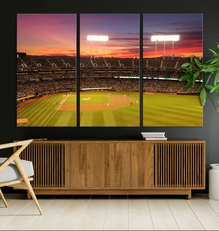 The Oakland Coliseum print is a museum-quality canvas depicting a full crowd and a sunset.