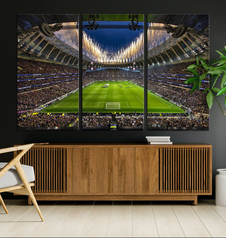 A stunning Tottenham Hotspur Stadium wall art captures the energy of a stadium packed with fans and vibrant lights.