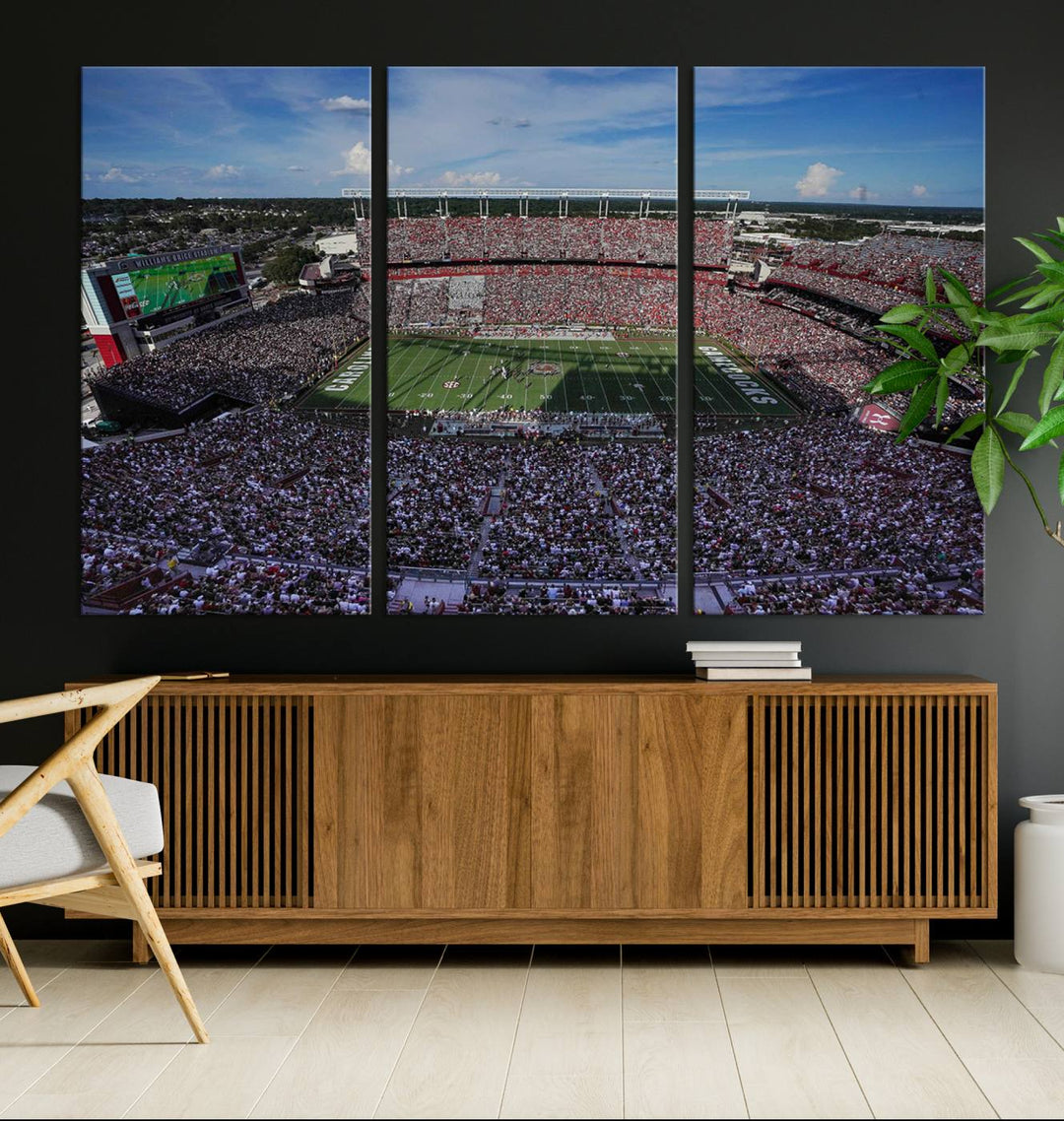 The wall art is a South Carolina Gamecocks print, showcasing Williams-Brice Stadium from a distance under clear skies.