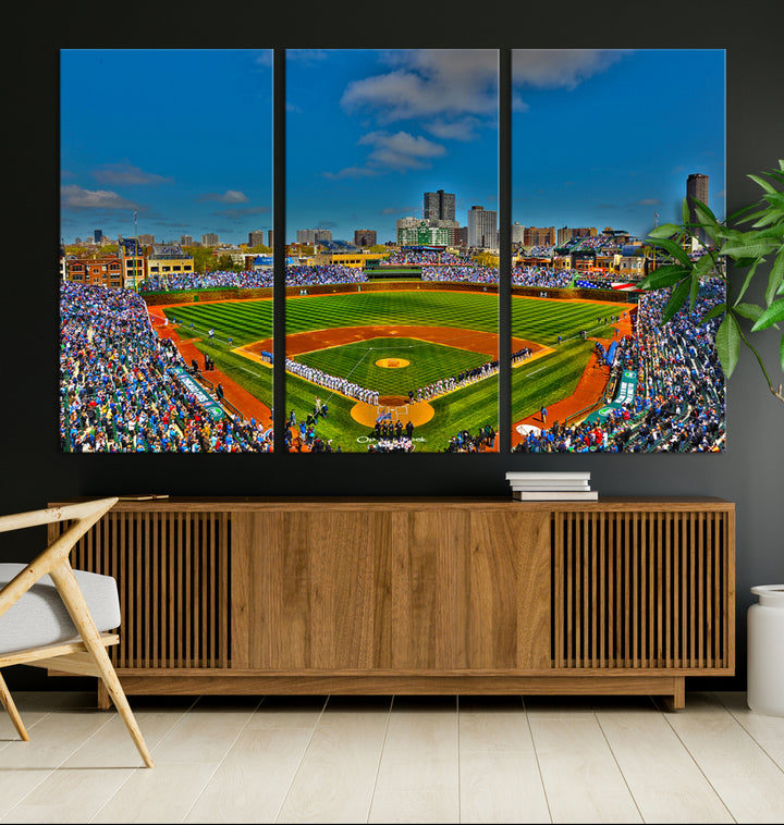 Wrigley Field Chicago Cubs Panoramic 3-Piece Canvas Wall Art - Iconic Baseball Stadium Print for Sports Lovers - Ready to Hang