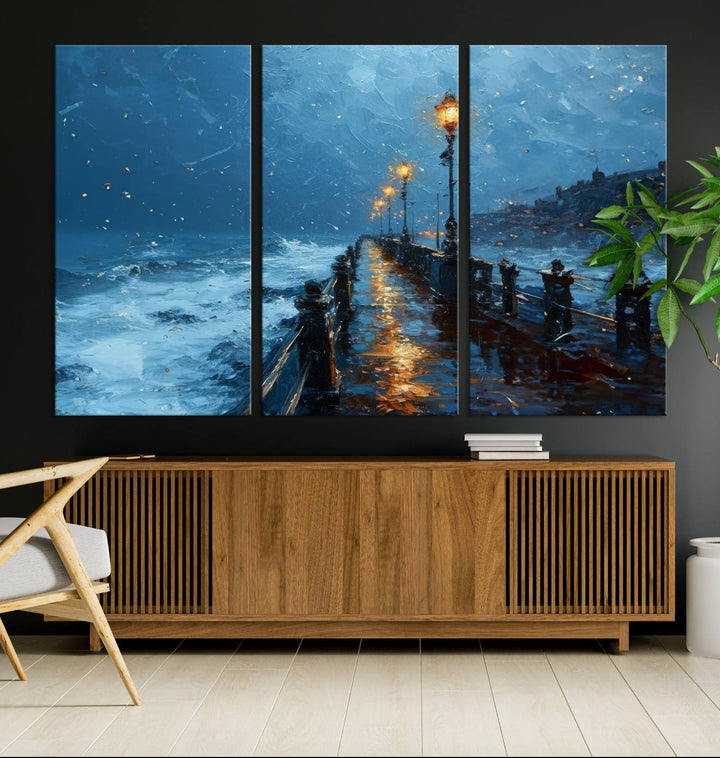 Framed 3-Panel Seaside Night Pier Oil Painting Canvas Wall Art | Ready to Hang Coastal Landscape Art for Modern Living Room, Office, or Bedroom Decor