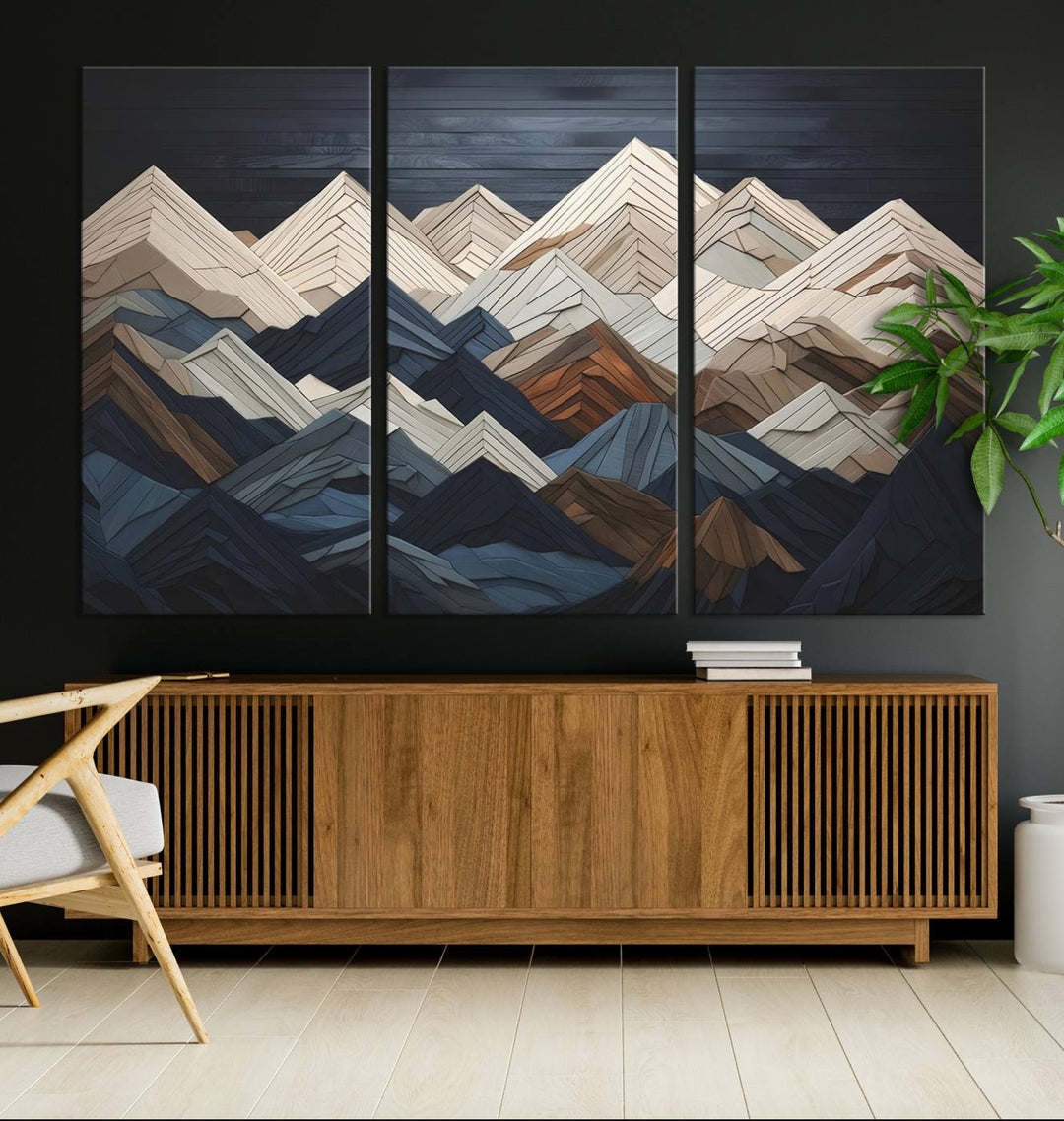 Wood Mountain Range Wall Art - Ready to Hang 3-Piece Set for Modern Rustic Decor, Abstract Wooden Design for Living Rooms Offices