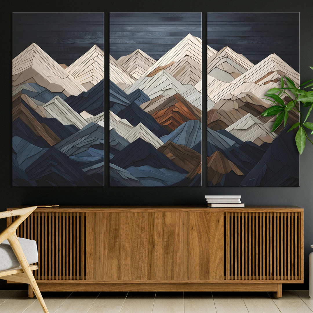 Rustic Mountain Landscape Wall Art Print - Wooden 3D Effect Mountain Canvas Print - Textured Peaks Wall Art for Cabin or Lodge Decor