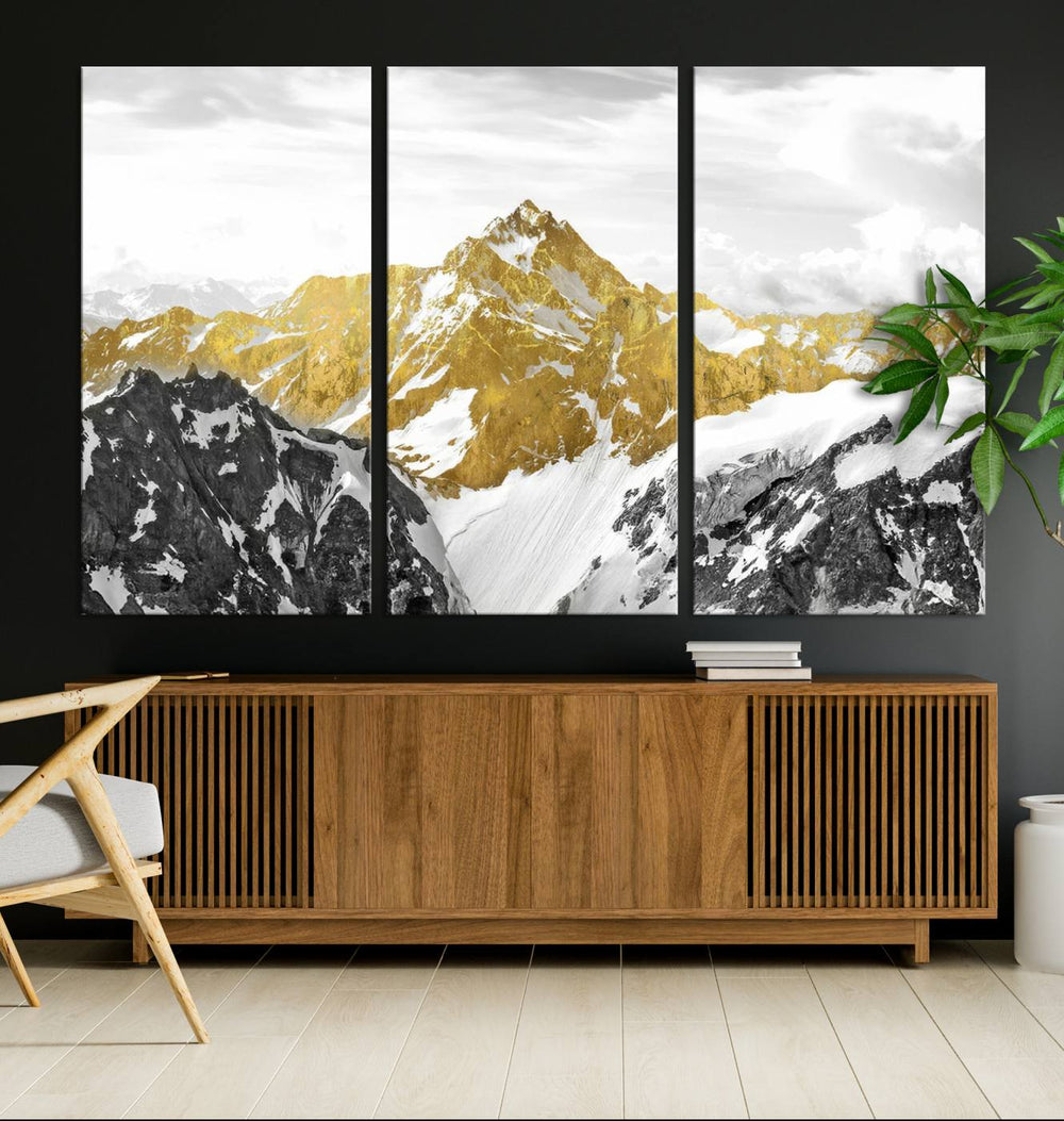 Gold Abstract Mountains Wall Art Print on Canvas.