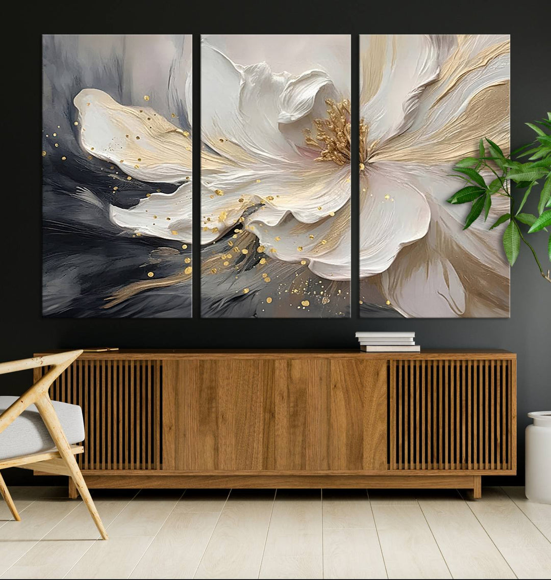 The abstract floral wall art canvas print features a large flower with gold accents.