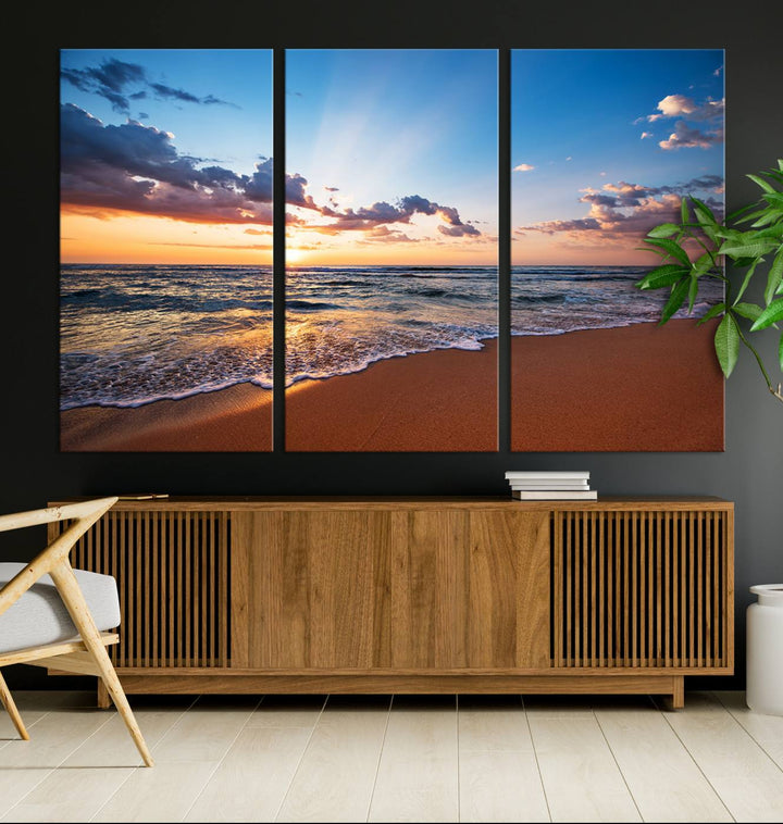 Golden Hour Beach Sunset Wall Art | Canvas Print | Ready to Hang | Coastal Wall Art for Living Room