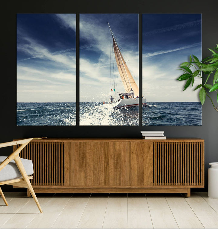 Sailboat Ocean Beach Blue Sky Wall Art Canvas Print