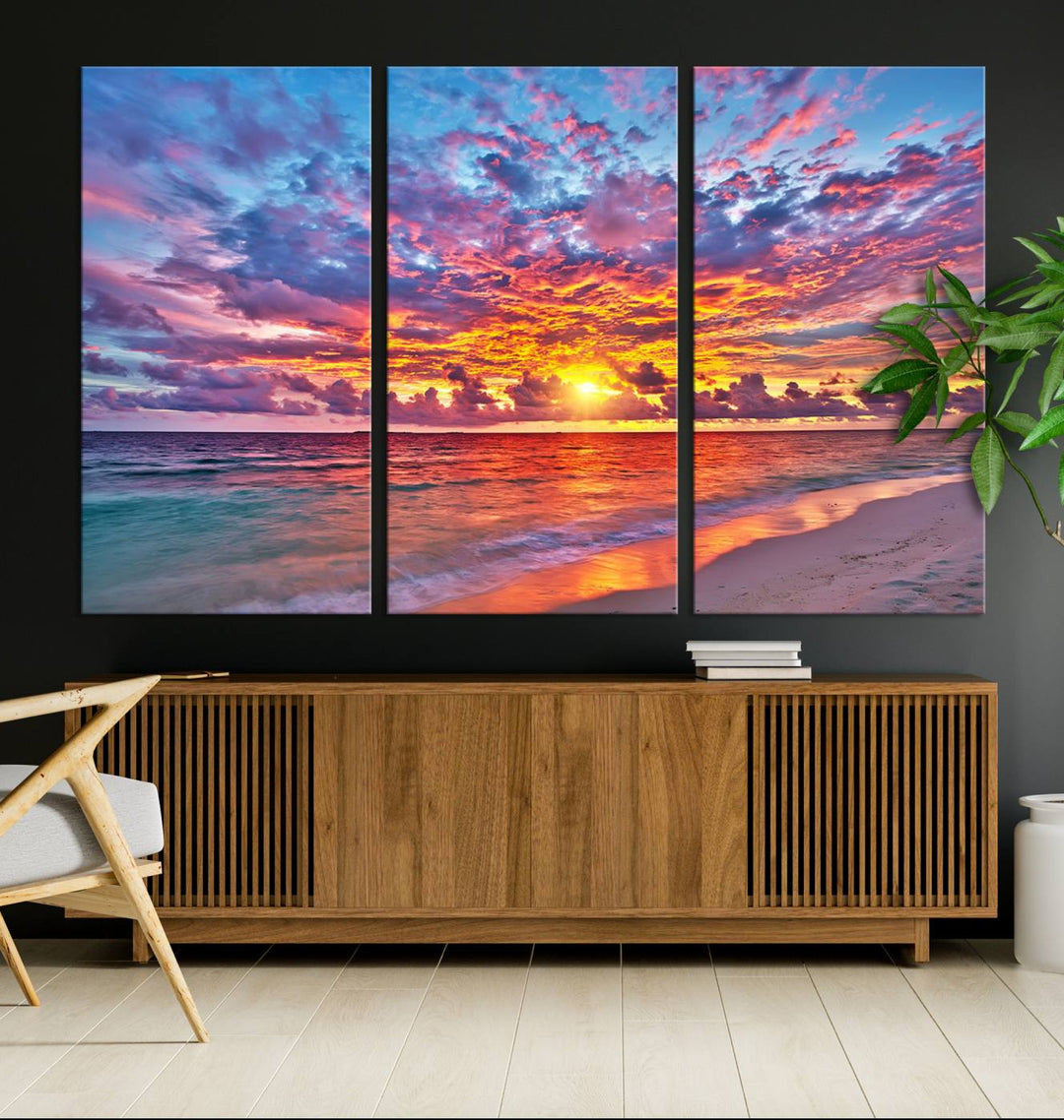 Vibrant Sunset Beach Wall Art | Ocean Sunset Canvas Print | Coastal Wall Art Decor | Ready to Hang | Stunning Sunset Scene for Home or Office Decor