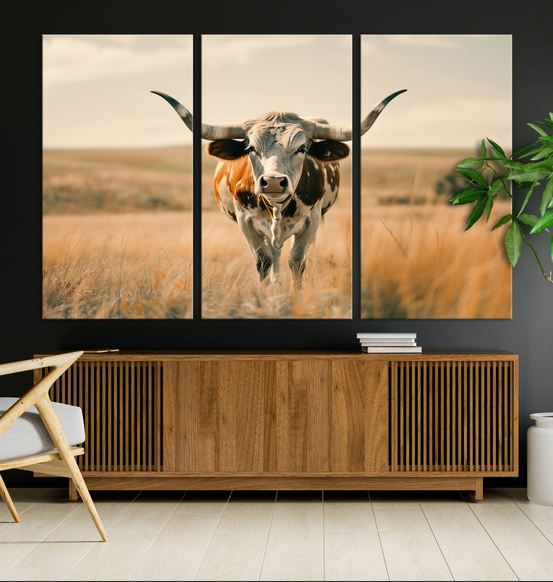 The Texas Cow Longhorn Wall Art Canvas adds rustic charm to the decor.