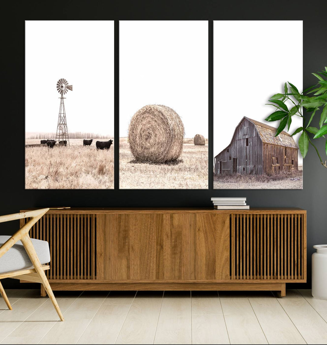 Above the couch, a Rustic Farmhouse Wall Art set depicts a barn and wheat field.